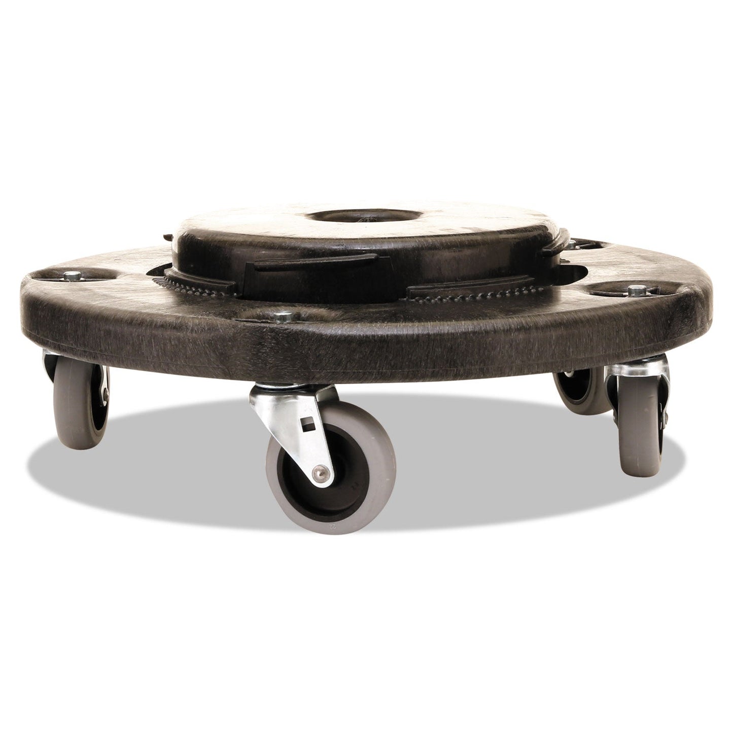 Rubbermaid Brute Round Twist On/Off Dolly, 250 lb Capacity, 18" dia x 6.63"h, Fits 20 to 55 Gallon BRUTE Containers, Black