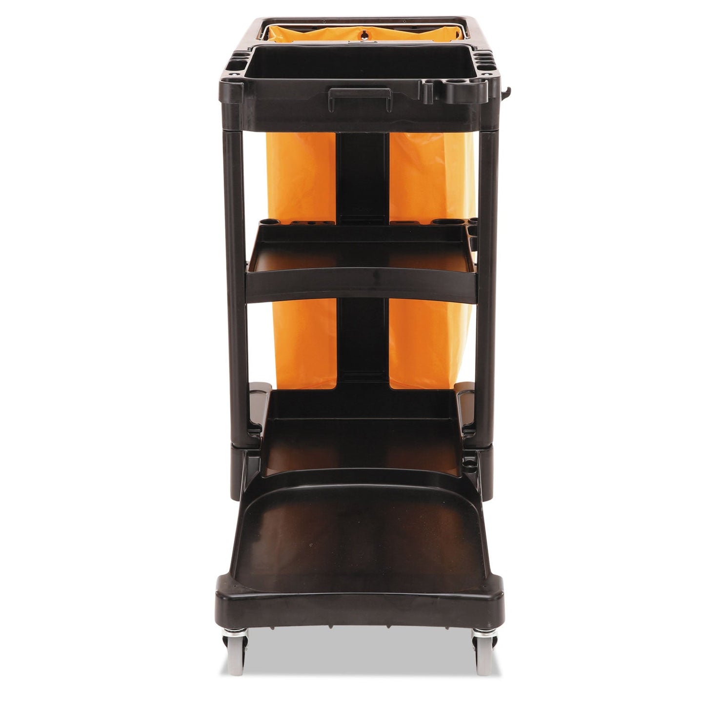 Rubbermaid Multi-Shelf Cleaning Cart, Plastic, 4 Shelves, 1 Bin, 20" x 45" x 38.25", Black