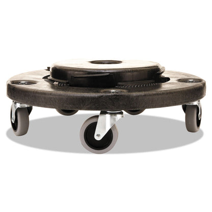 Rubbermaid Brute Round Twist On/Off Dolly, 250 lb Capacity, 18" dia x 6.63"h, Fits 20 to 55 Gallon BRUTE Containers, Black