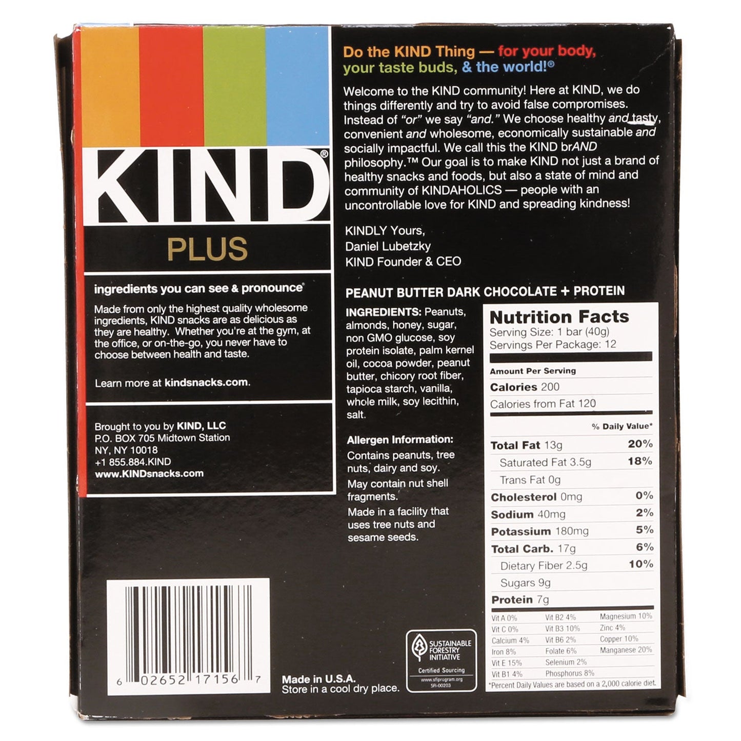 KIND Plus Nutrition Boost Bar, Peanut Butter Dark Chocolate/Protein, 1.4 oz, 12/Box