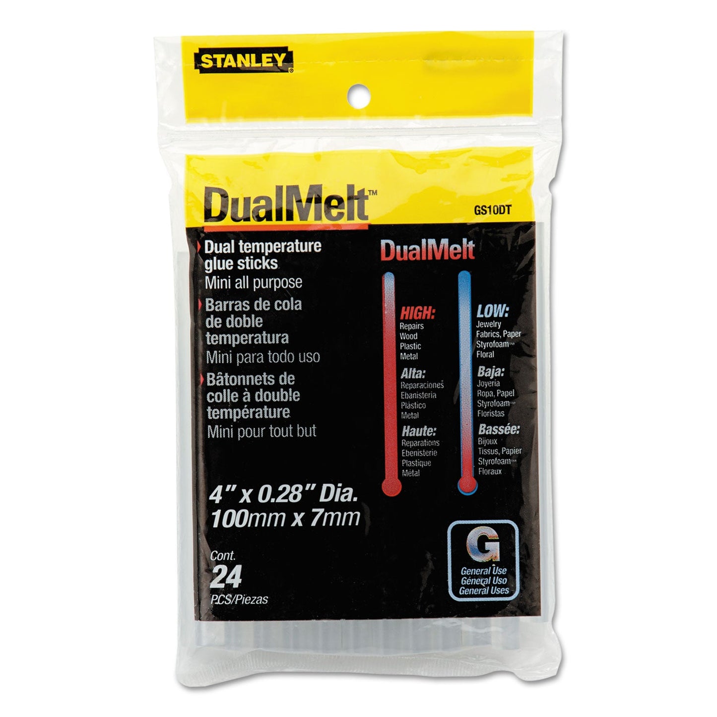 Stanley Bostitch Dual Temperature Mini Glue Sticks, 0.28" x 4", Dries Clear, 24/Pack