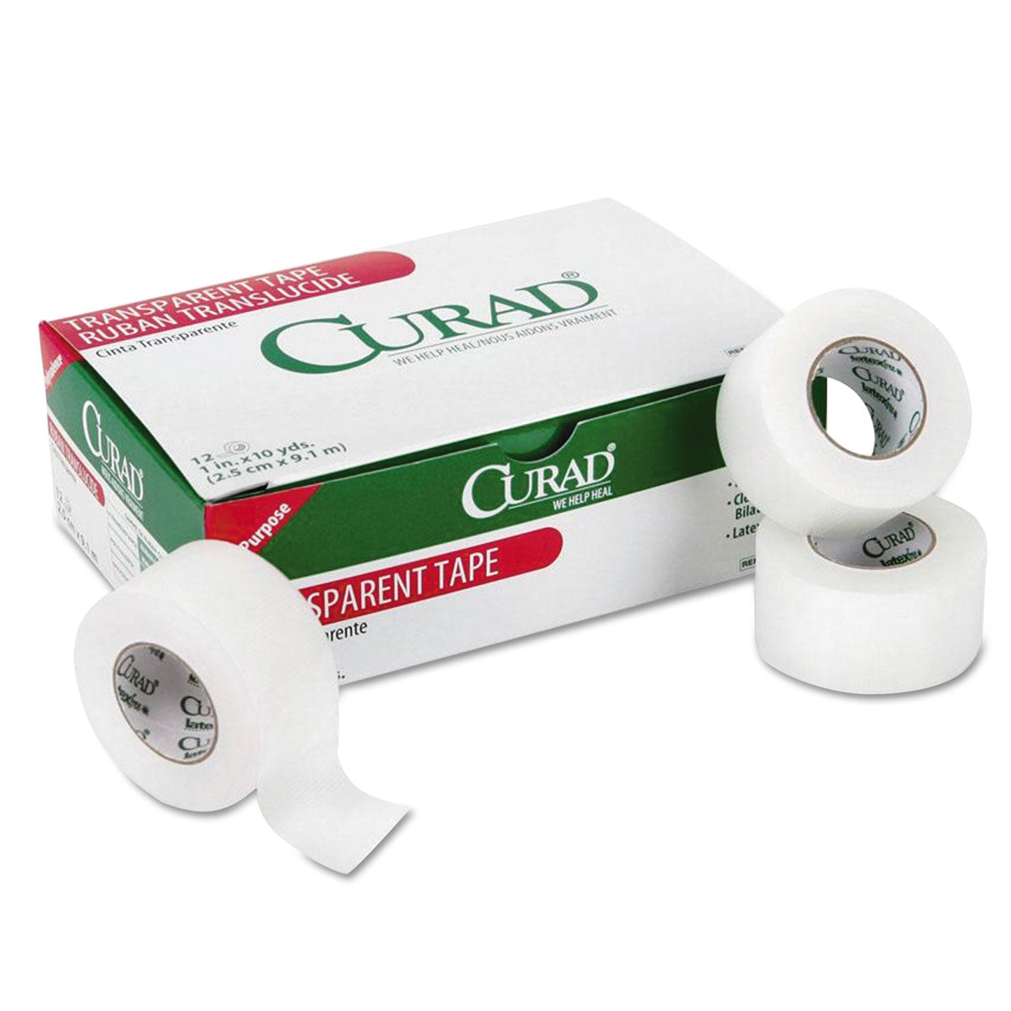 Curad Transparent Surgical Tape, Heavy-Duty, Acrylic/Cloth, 1" x 10 yds, Matte Clear, 12/Pack