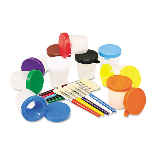 Creativity Street No-Spill Cups and Coordinating Brushes, Assorted Color Lids/Clear Cups, 10/Set