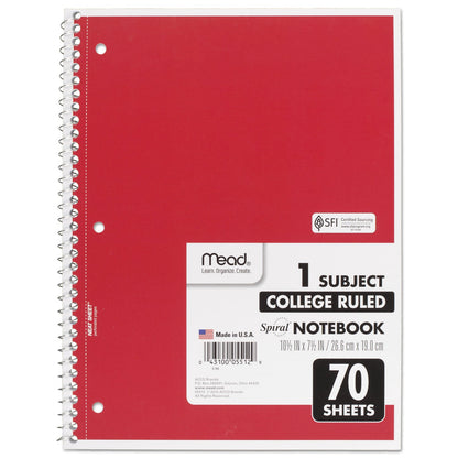Mead Spiral Notebook, 3-Hole Punched, 1 Subject, Medium/College Rule, Randomly Assorted Covers, 10.5 x 7.5, 70 Sheets