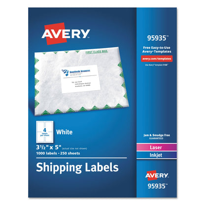 Avery White Shipping Labels-Bulk Packs, Inkjet/Laser Printers, 3.5 x 5, White, 4/Sheet, 250 Sheets/Box