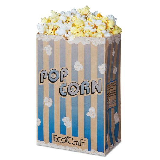 Bagcraft EcoCraft Grease-Resistant Popcorn Bags, 85 oz, 2-ply, 3.25" x 8.63", Blue Stripe/Natural, 500/Carton
