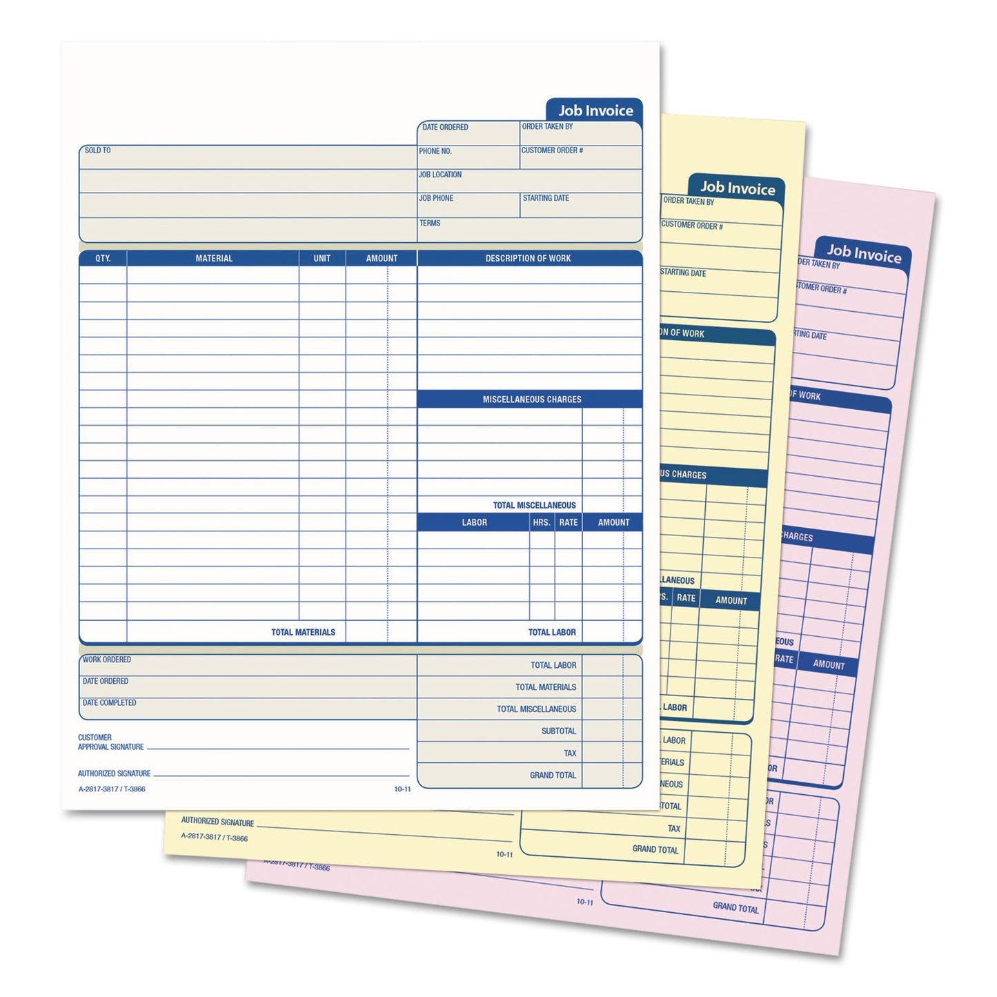 TOPS Snap-Off Job Invoice Form, Three-Part Carbonless, 8.5 x 11.63, 1/Page, 50 Forms