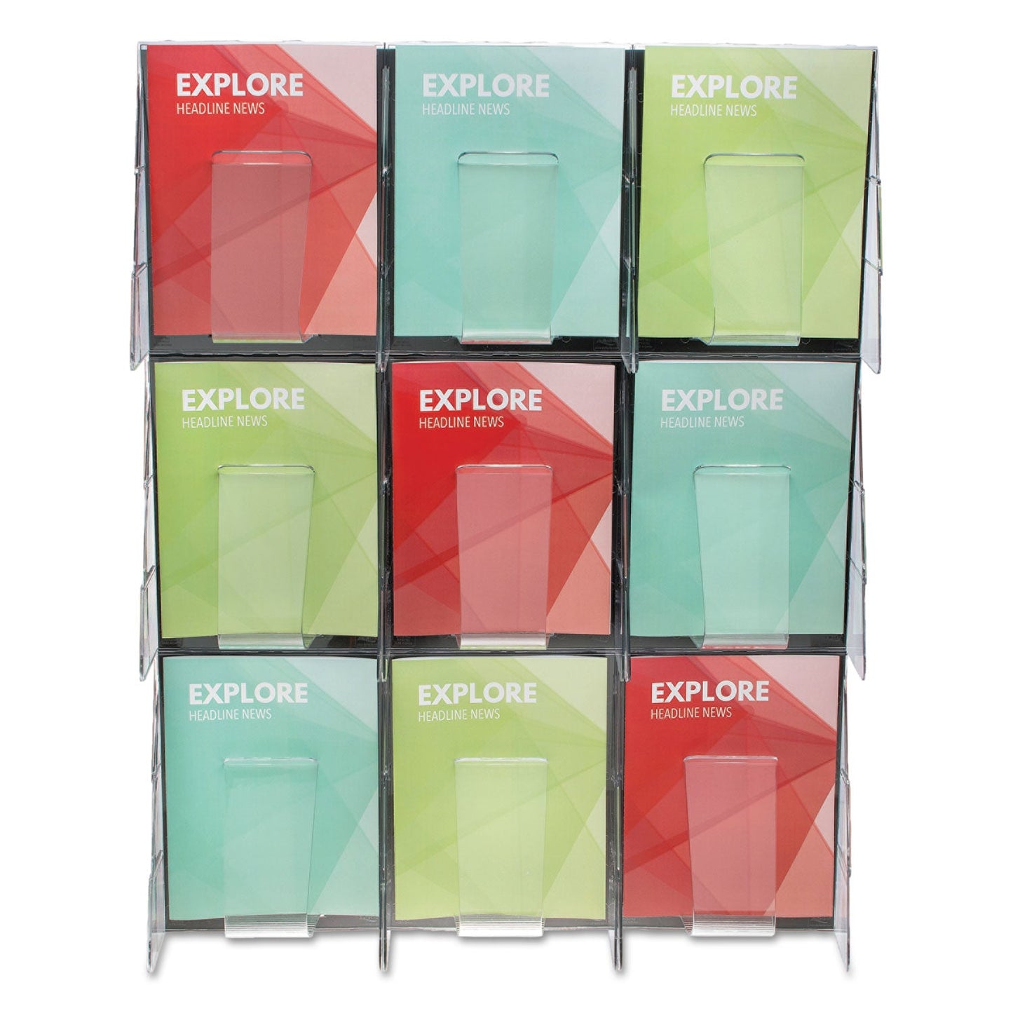 deflecto Stand-Tall 9-Bin Wall-Mount Literature Rack, Mag, 27.5w x 3.38d x 35.63h, Clear/Black