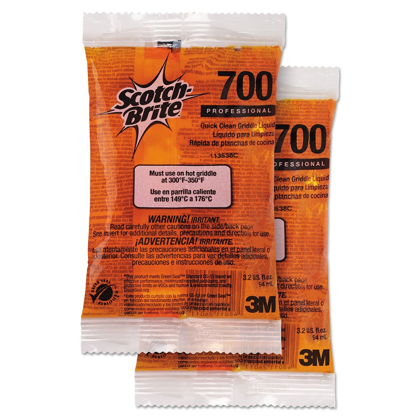 Scotch-Brite Quick Clean Griddle Liquid, 3.2 oz Packet, 40/Carton