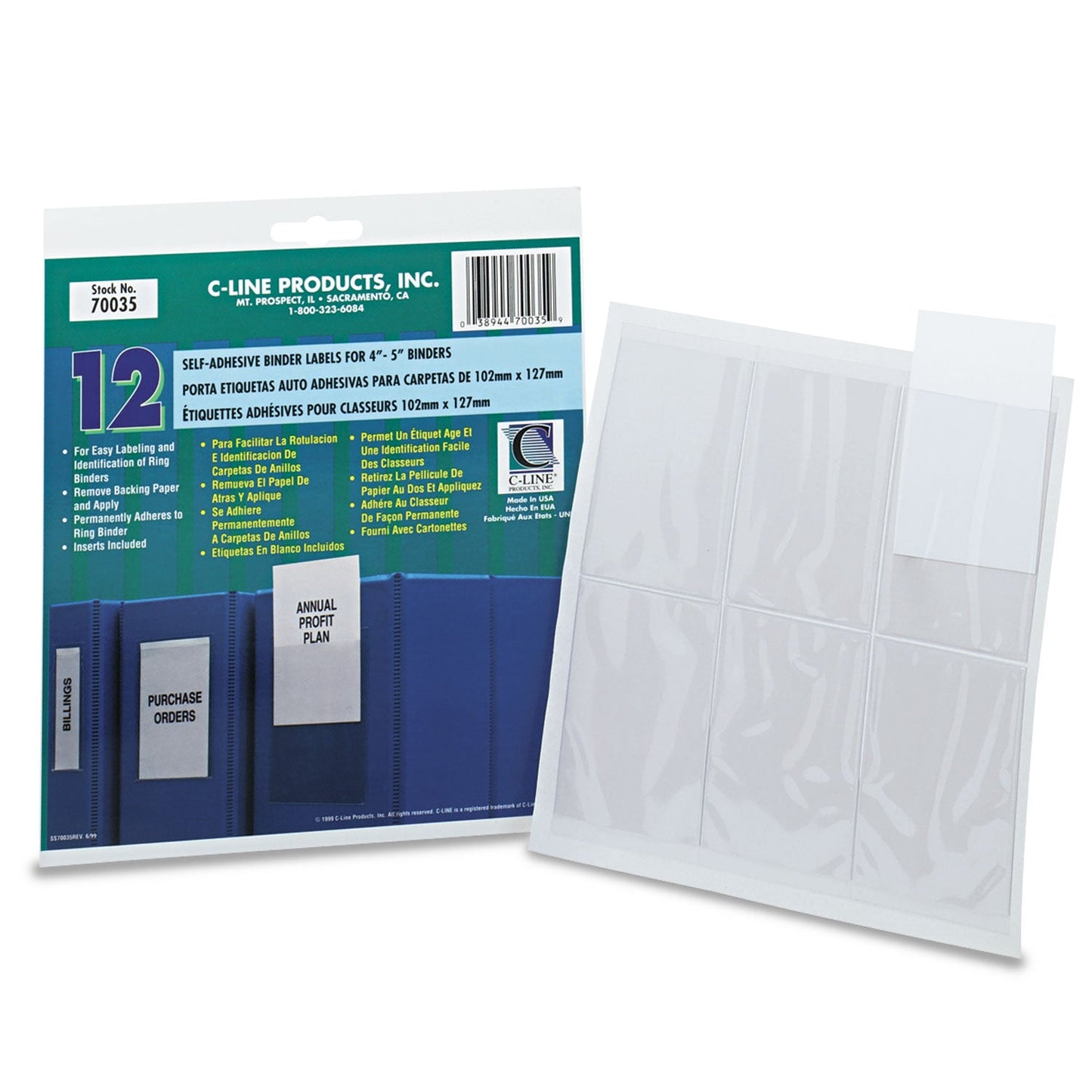 C-Line Self-Adhesive Ring Binder Label Holders, Top Load, 2.75 x 3.63, Clear, 12/Pack