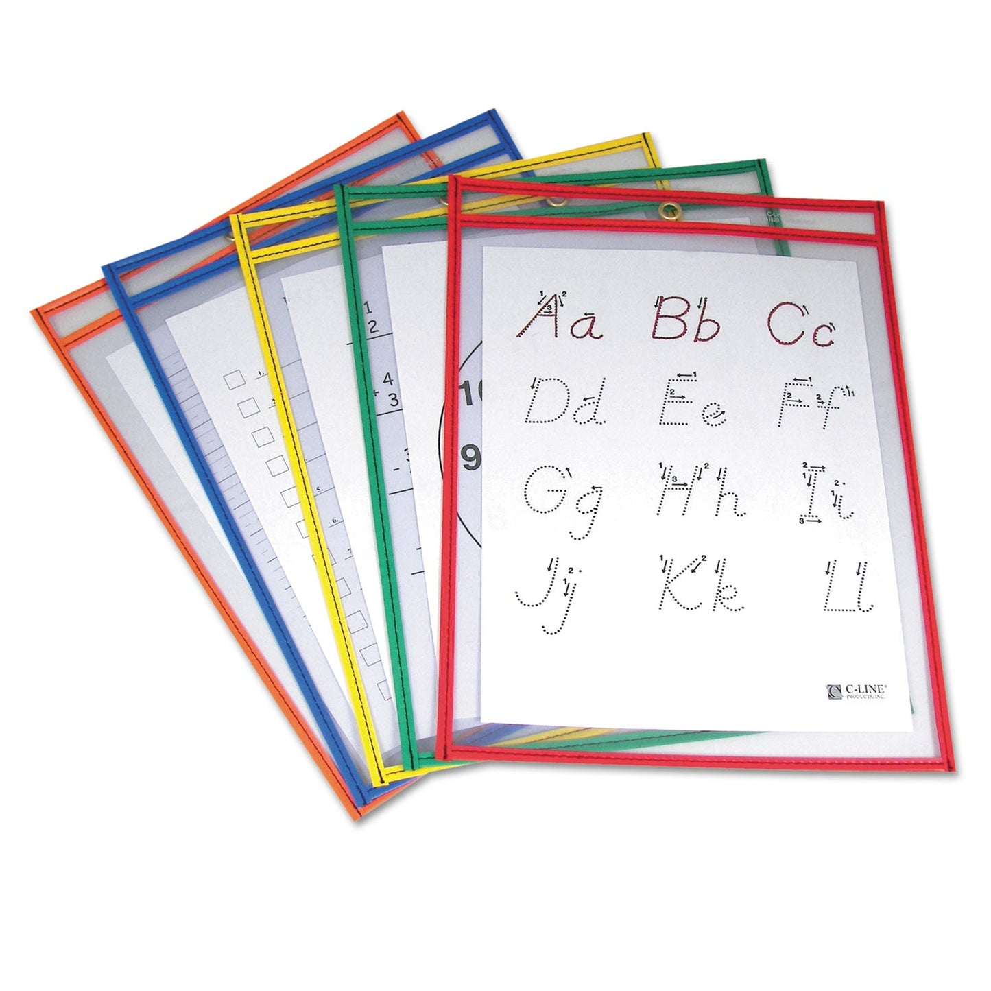 C-Line Reusable Dry Erase Pockets, 9 x 12, Assorted Primary Colors, 5/Pack