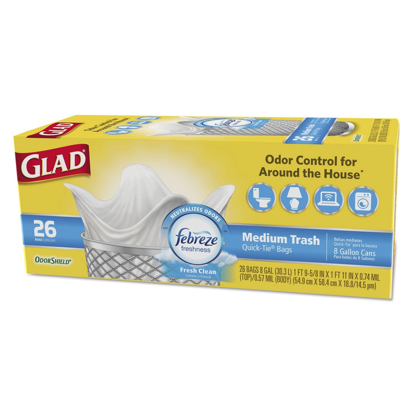 Glad OdorShield Medium Quick-Tie Trash Bags, 8 gal, 0.57 mil, 21.63" x 23", White, 156/Carton