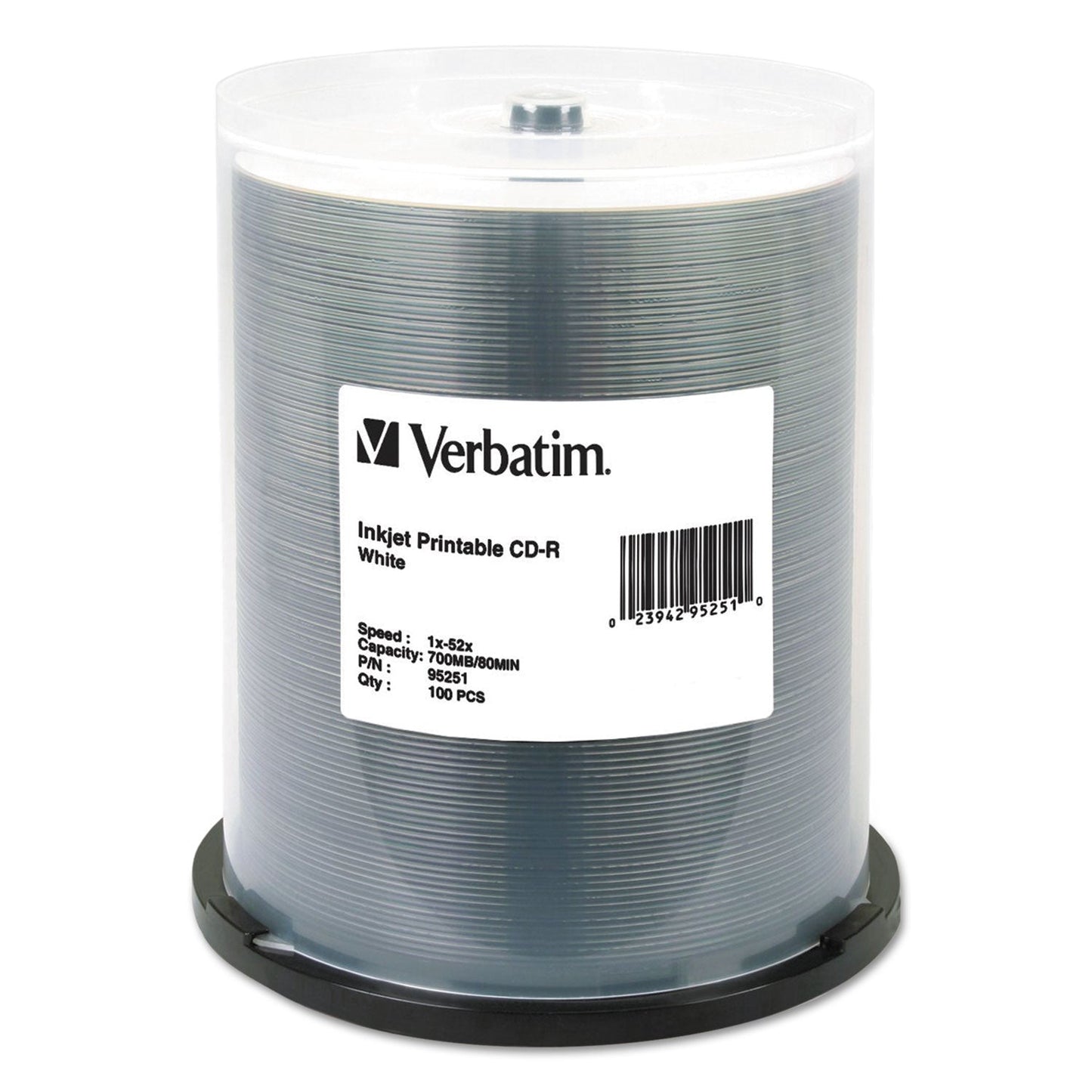 Verbatim CD-R Printable Recordable Disc, 700 MB/80 min, 52x, Spindle, White, 100/Pack