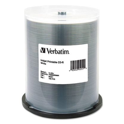 Verbatim CD-R Printable Recordable Disc, 700 MB/80 min, 52x, Spindle, White, 100/Pack