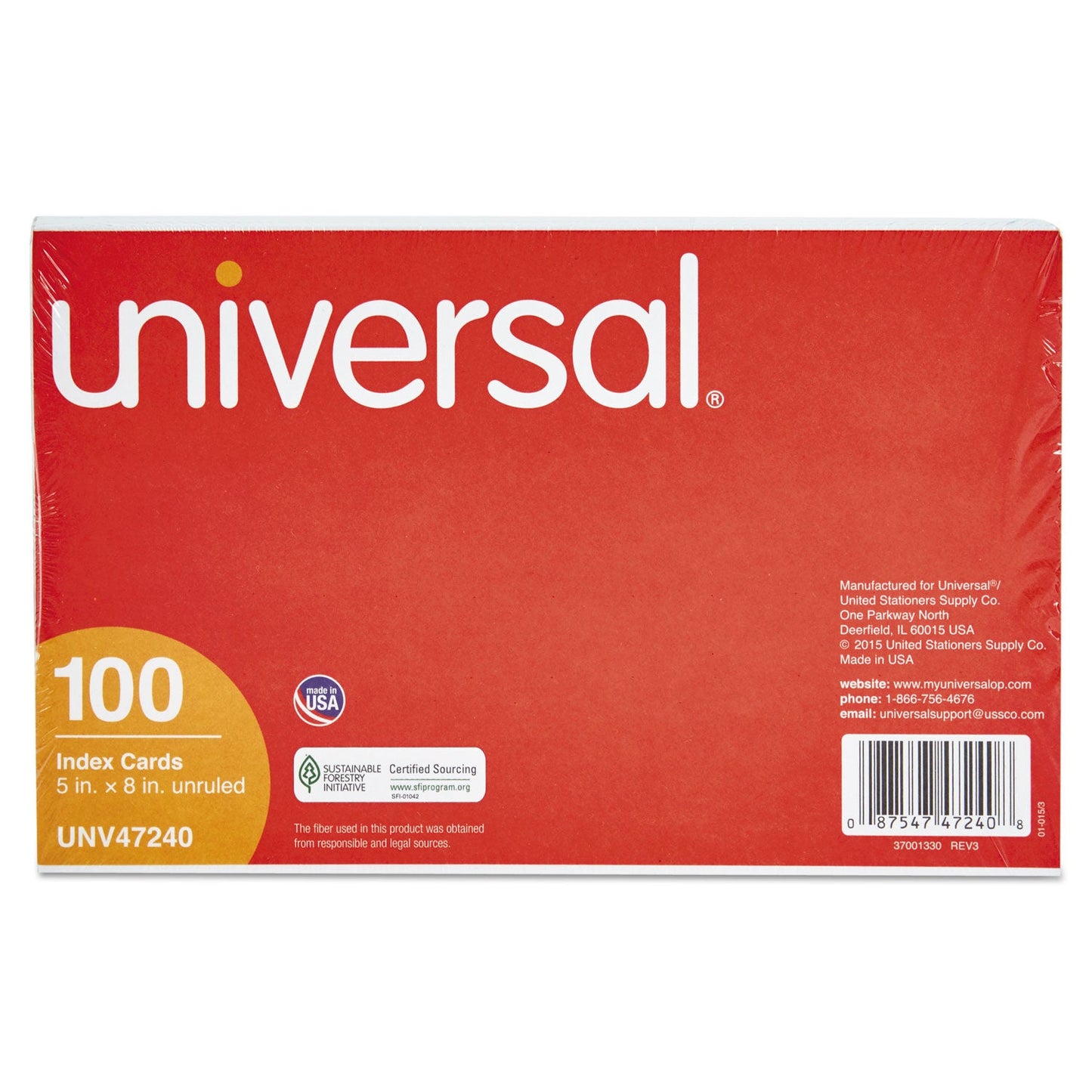 Universal Unruled Index Cards, 5 x 8, White, 100/Pack