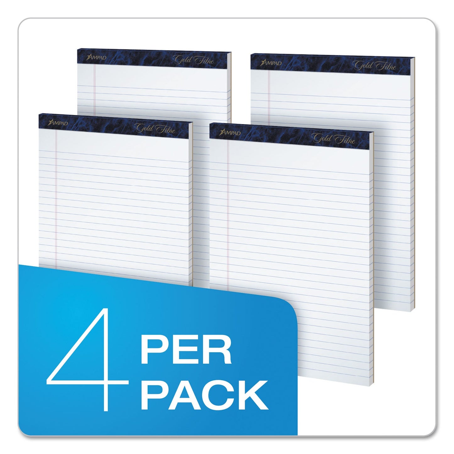 Ampad Gold Fibre Writing Pads, Wide/Legal Rule, 50 White 8.5 x 11.75 Sheets, 4/Pack
