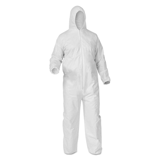 KleenGuard A35 Liquid and Particle Protection Coveralls, Zipper Front, Hooded, Elastic Wrists and Ankles, X-Large, White, 25/Carton