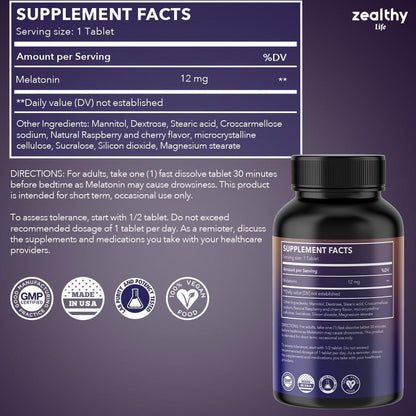 Melatonin 12mg Fast Dissolve Tablets – Natural Berry Flavor 100 Count – Extra Strength Sleep Support for Adults – Non Habit Forming 100 Day Supply
