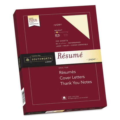 Southworth 100% Cotton Resume Paper, 24 lb Bond Weight, 8.5 x 11, Ivory, 100/Pack