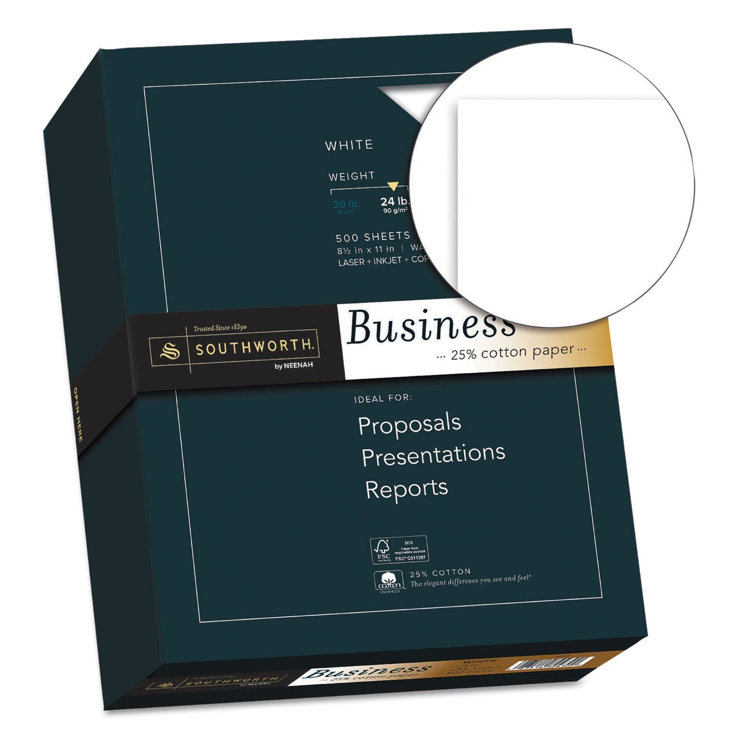 Southworth 25% Cotton Business Paper, 95 Bright, 24 lb Bond Weight, 8.5 x 11, White, 500 Sheets/Ream