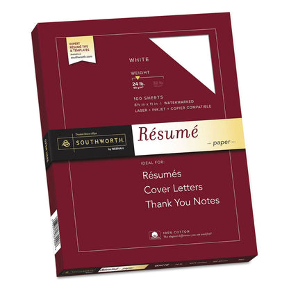 Southworth 100% Cotton Resume Paper, 95 Bright, 24 lb Bond Weight, 8.5 x 11, White, 100/Pack