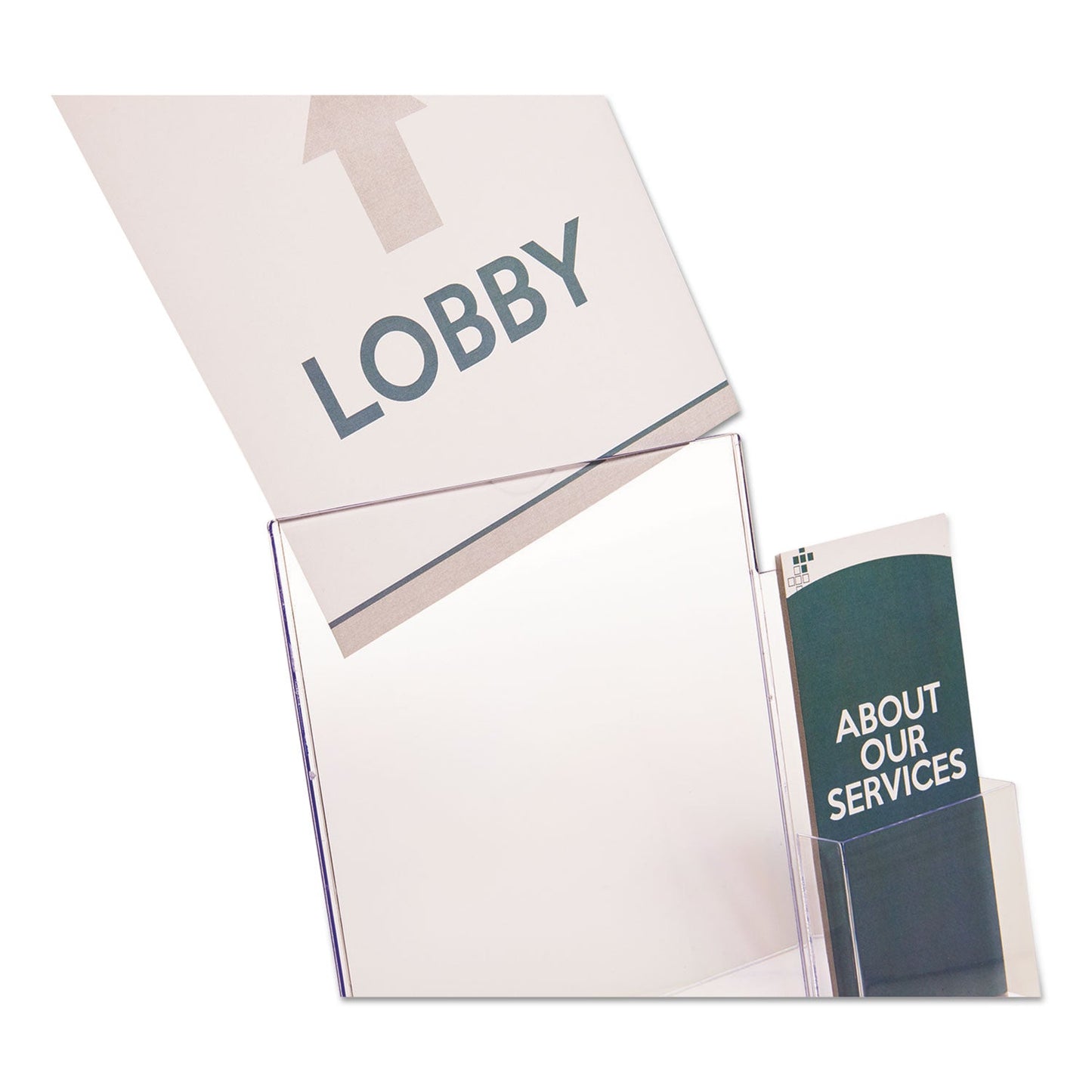 deflecto Superior Image Slanted Sign Holder with Side Pocket, 13.5w x 4.25d x 10.88h, Clear