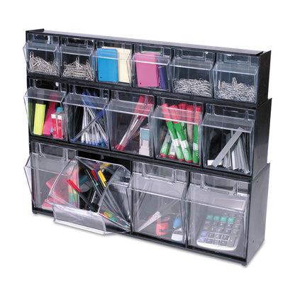 deflecto Tilt Bin Interlocking Multi-Bin Storage Organizer, 4 Sections, 23.63" x 6.63" x 8.13", Black/Clear