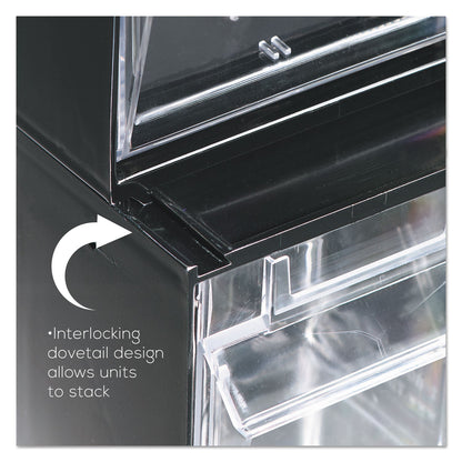 deflecto Tilt Bin Interlocking Multi-Bin Storage Organizer, 4 Sections, 23.63" x 6.63" x 8.13", Black/Clear
