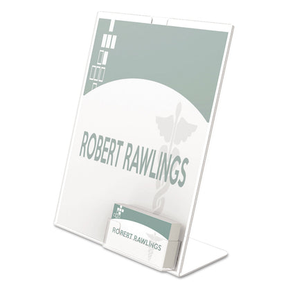deflecto Superior Image Slanted Sign Holder with Business Card Holder, 8.5w x 4.5d x 11h, Clear