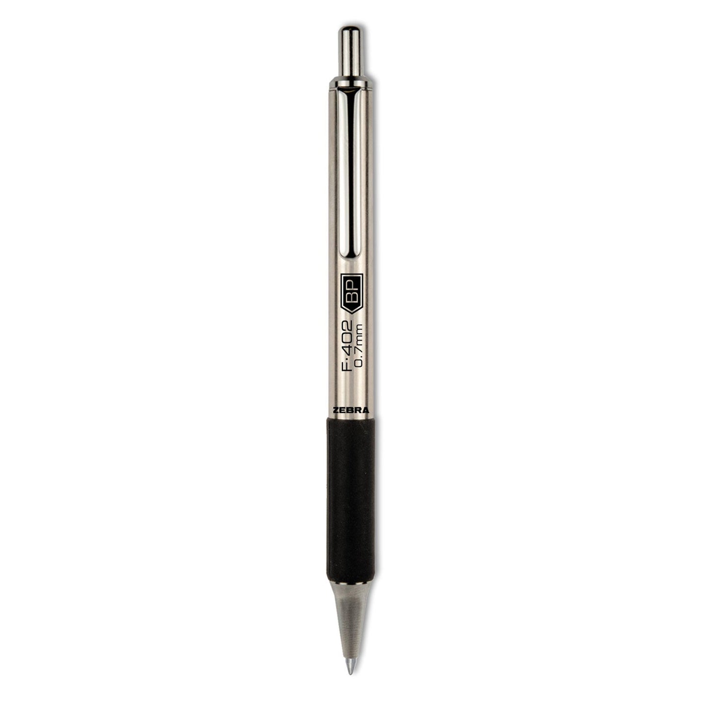 Zebra F-402 Ballpoint Pen, Retractable, Fine 0.7 mm, Black Ink, Stainless Steel/Black Barrel