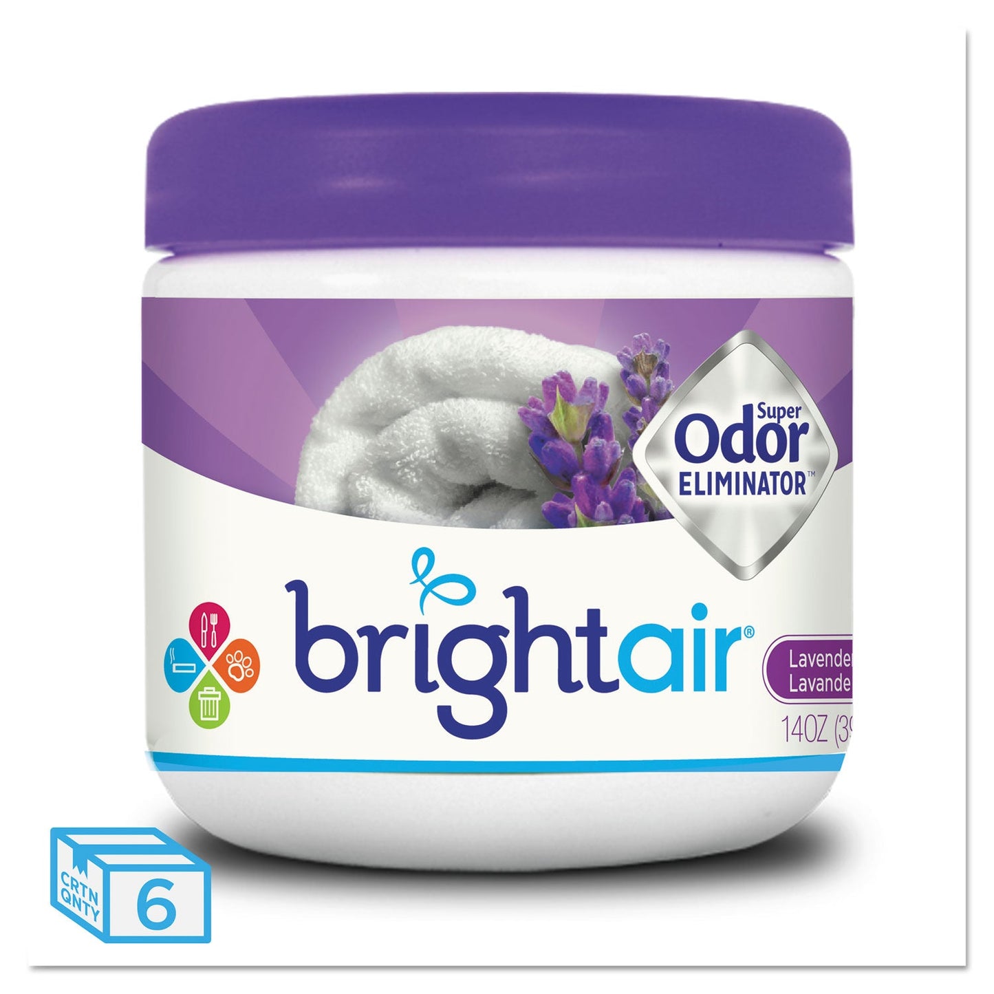 BRIGHT Air Super Odor Eliminator, Lavender and Fresh Linen, Purple, 14 oz Jar, 6/Carton