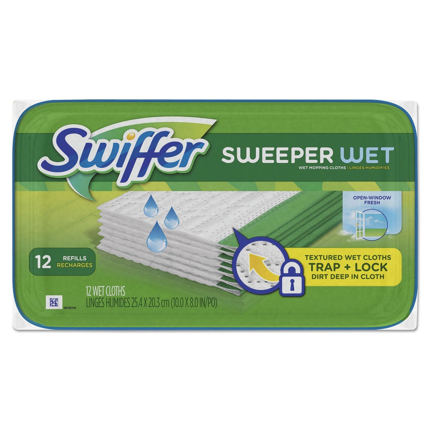 Swiffer Wet Refill Cloths, 10 x 8, Open Window Fresh, Cloth, White, 12/Tub