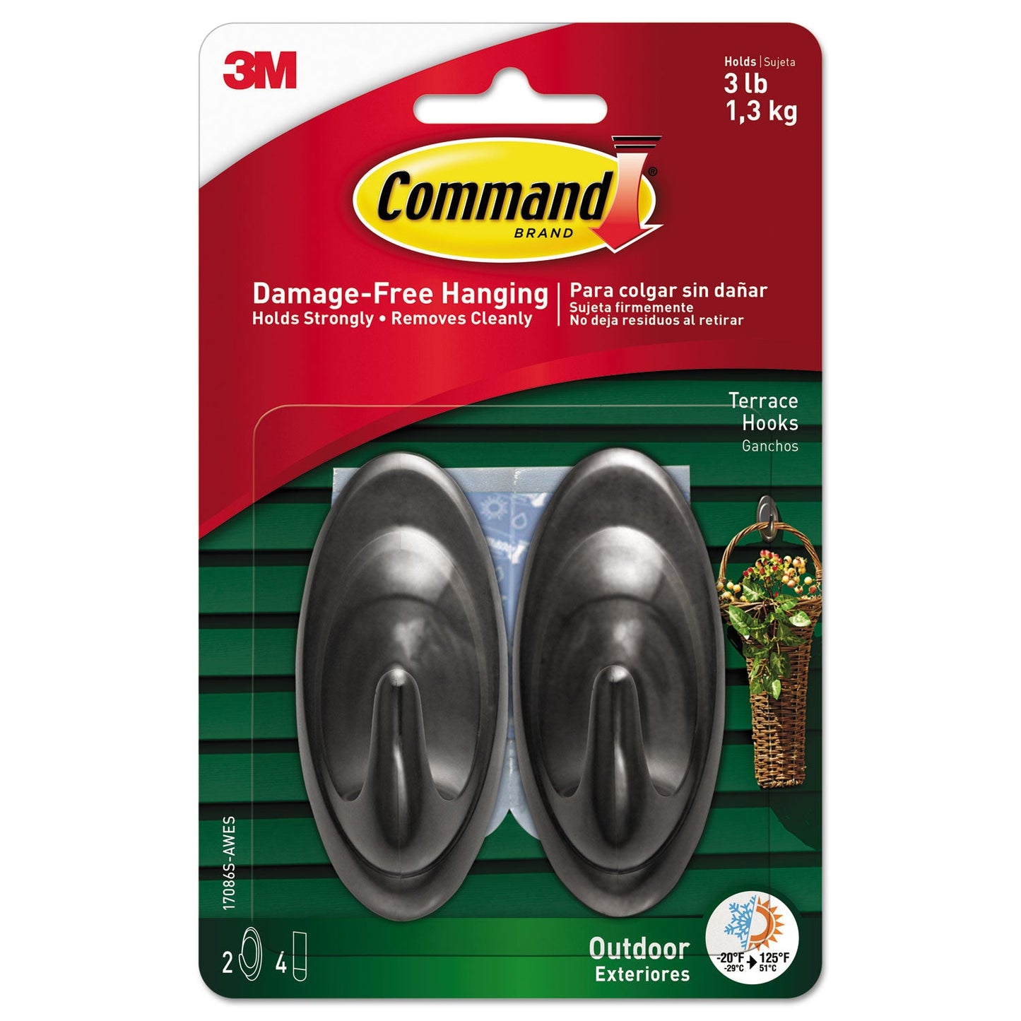 Command All Weather Hooks and Strips, Plastic, Medium, 2 Hooks and 4 Strips/Pack