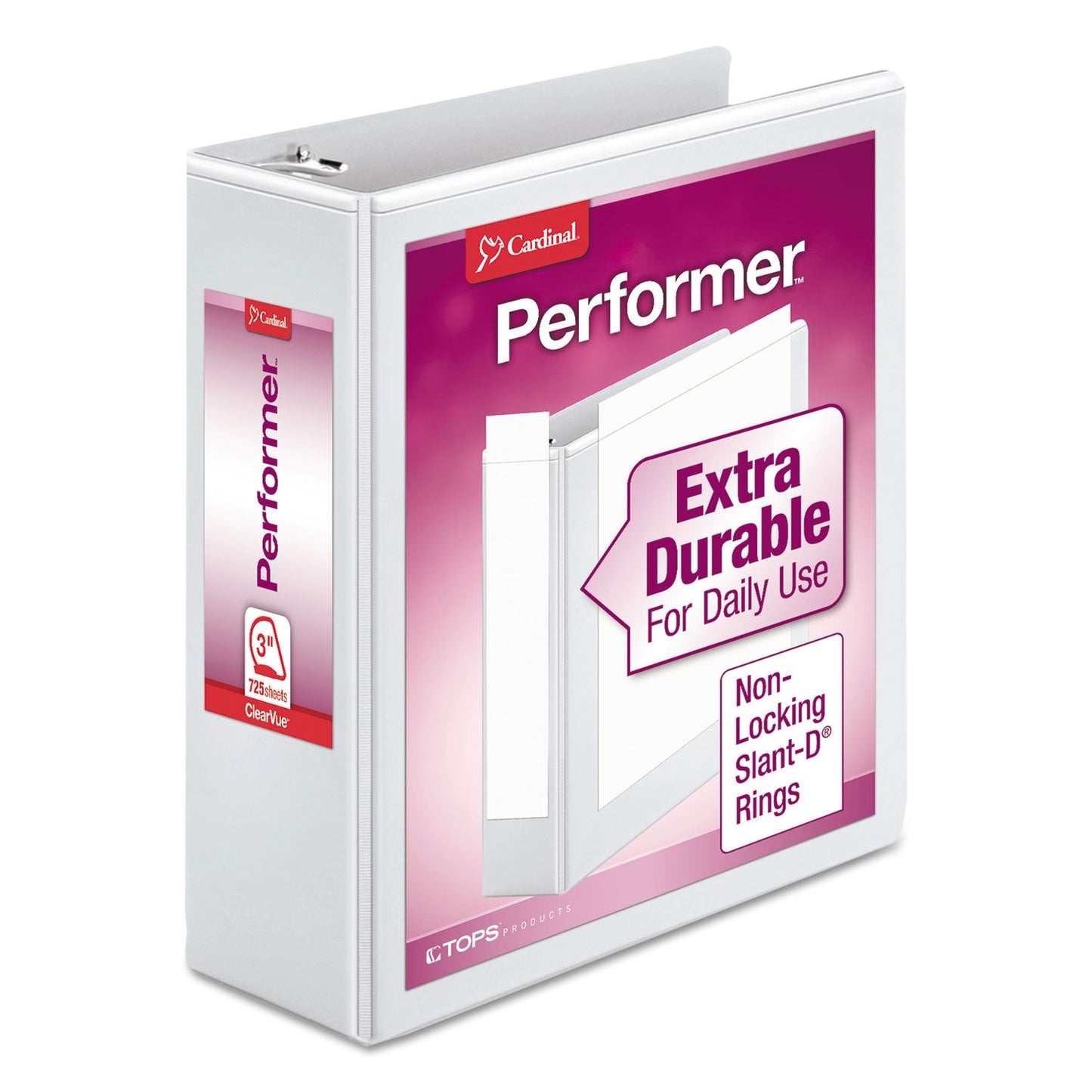 Cardinal Performer ClearVue Slant-D Ring Binder, 3 Rings, 3" Capacity, 11 x 8.5, White