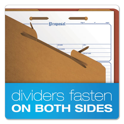 Pendaflex Four-, Six-, and Eight-Section Pressboard Classification Folders, 2 Dividers, Embedded Fasteners, Legal Size, Red, 10/Box