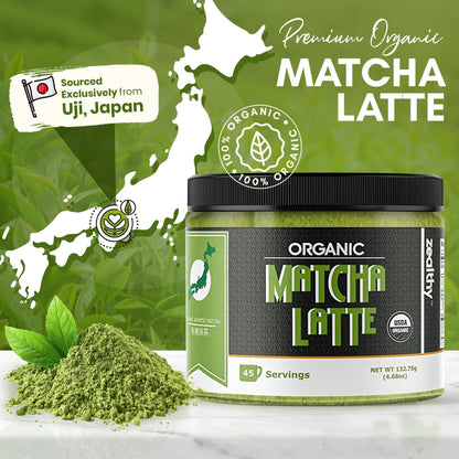 Zealthy Life   Organic Matcha Latte Pure Japanese Tea Blend with Ashwagandha & Maca Matcha Tea Powder with Natural Coconut Milk & Vanilla No Added Sugar 4.68 oz (45 Servings)