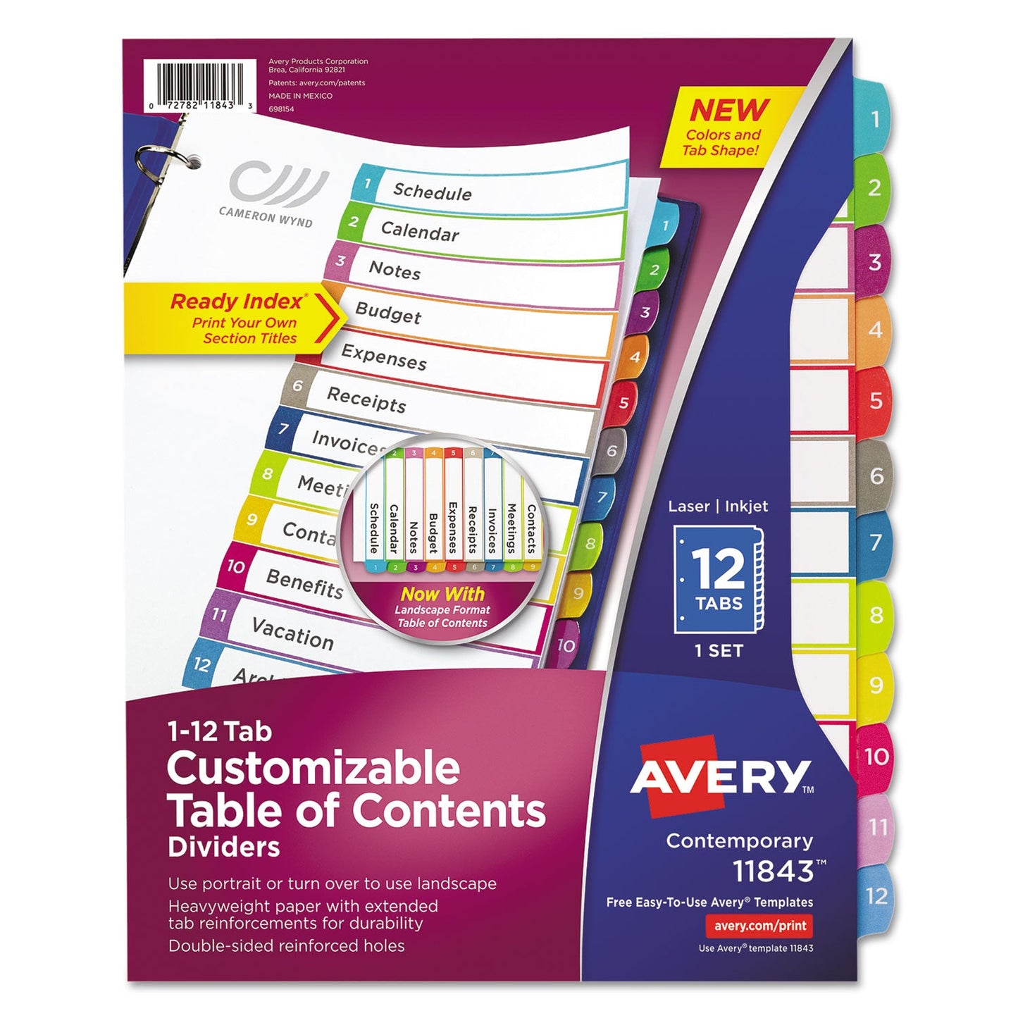 Avery Customizable TOC Ready Index Multicolor Tab Dividers, 12-Tab, 1 to 12, 11 x 8.5, White, Contemporary Color Tabs, 1 Set