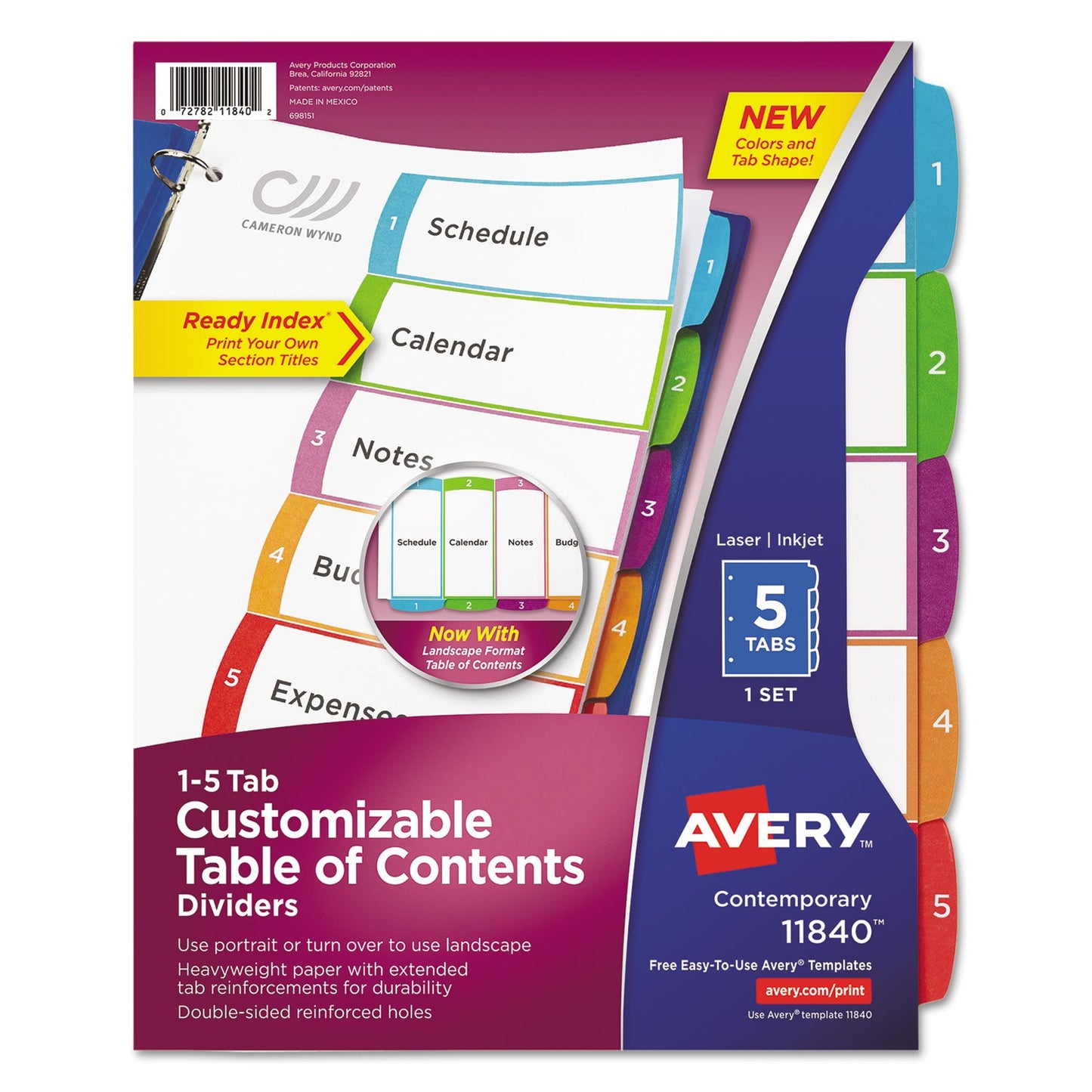 Avery Customizable TOC Ready Index Multicolor Tab Dividers, 5-Tab, 1 to 5, 11 x 8.5, White, Contemporary Color Tabs, 1 Set