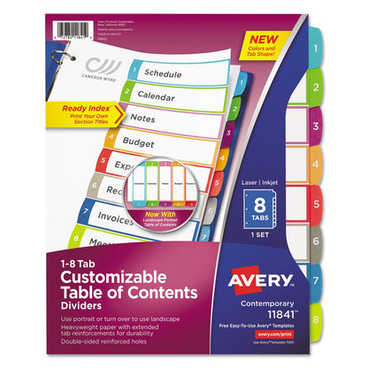 Avery Customizable TOC Ready Index Multicolor Tab Dividers, 8-Tab, 1 to 8, 11 x 8.5, White, Contemporary Color Tabs, 1 Set
