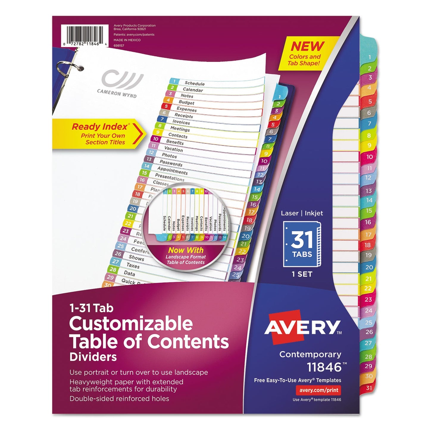 Avery Customizable TOC Ready Index Multicolor Tab Dividers, 31-Tab, 1 to 31, 11 x 8.5, White, Contemporary Color Tabs, 1 Set