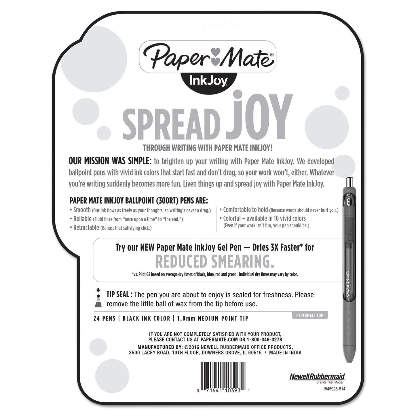 Paper Mate InkJoy 300 RT Ballpoint Pen, Refillable, Retractable, Medium 1 mm, Black Ink, Black Barrel, 24/Pack