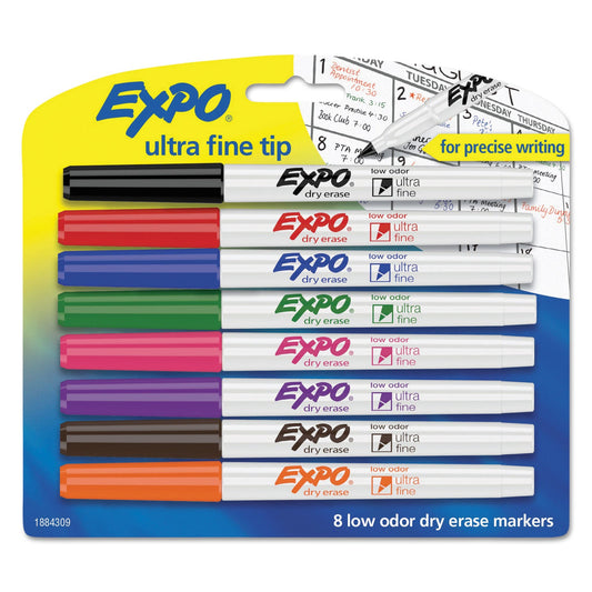 EXPO Low-Odor Dry-Erase Marker, Extra-Fine Needle Tip, Assorted Colors, 8/Set