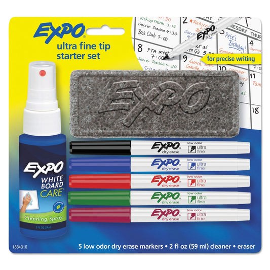 EXPO Low-Odor Dry Erase Marker Starter Set, Extra-Fine Needle Tip, Assorted Colors, 5/Set