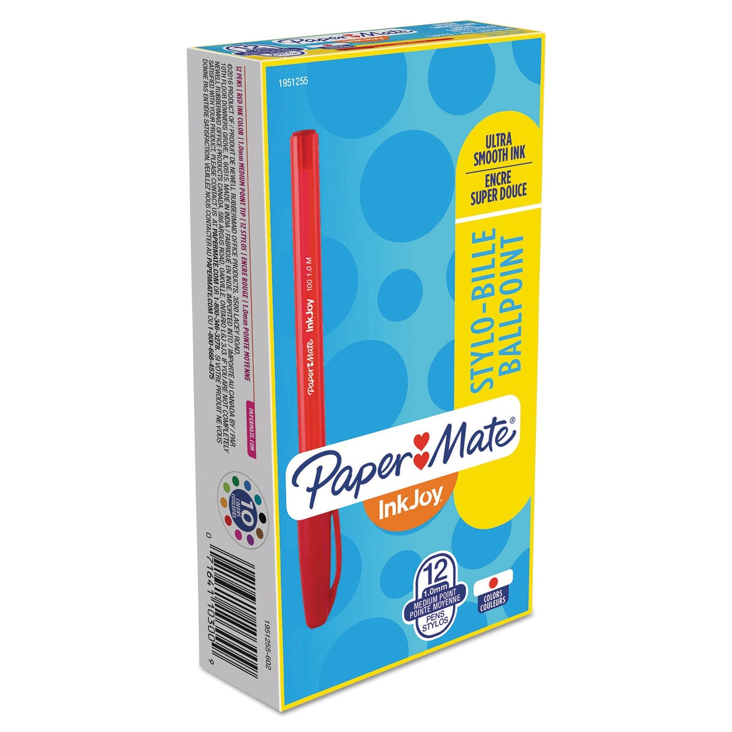 Paper Mate InkJoy 100 Ballpoint Pen, Stick, Medium 1 mm, Red Ink, Red Barrel, Dozen