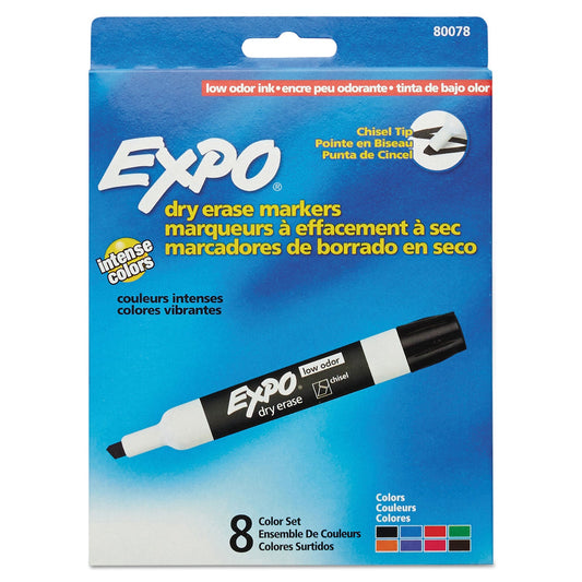 EXPO Low-Odor Dry-Erase Marker, Broad Chisel Tip, Assorted Colors, 8/Set
