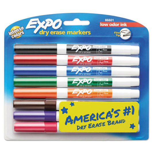 EXPO Low-Odor Dry-Erase Marker, Fine Bullet Tip, Assorted Colors, 8/Set