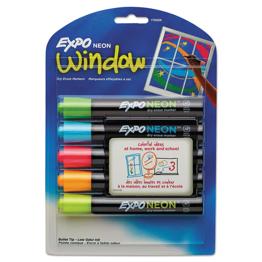 EXPO Neon Windows Dry Erase Marker, Broad Bullet Tip, Assorted Colors, 5/Pack