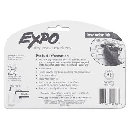 EXPO Magnetic Dry Erase Marker, Fine Bullet Tip, Black, 4/Pack