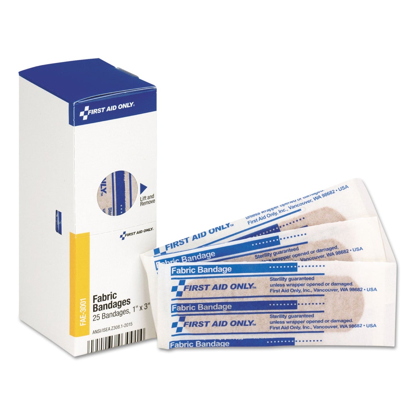 First Aid Only SmartCompliance Fabric Bandages, 1 x 3, 25/Box