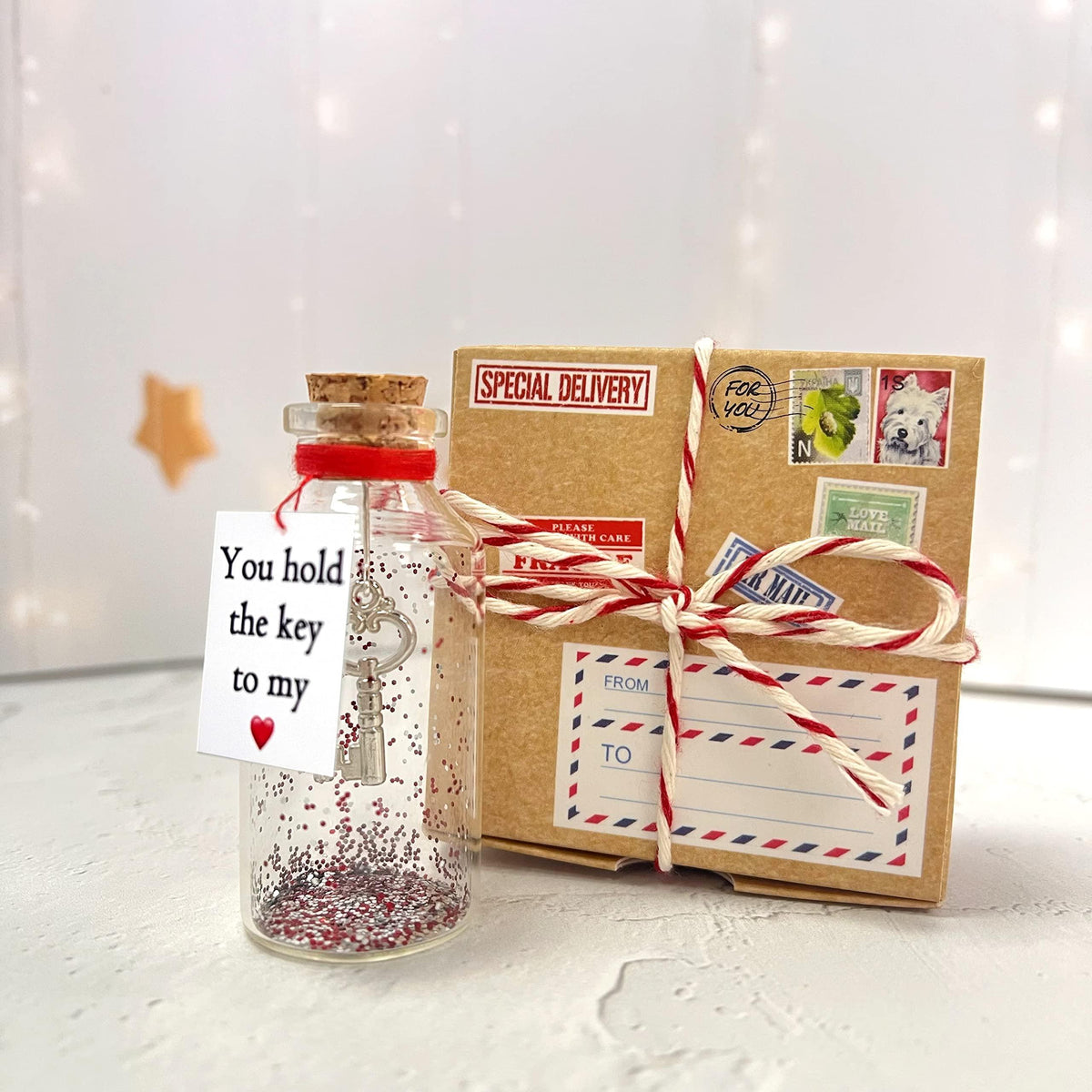 Romantic Present for Her & Him Message in a Bottle Gift Wrap in Craft Box